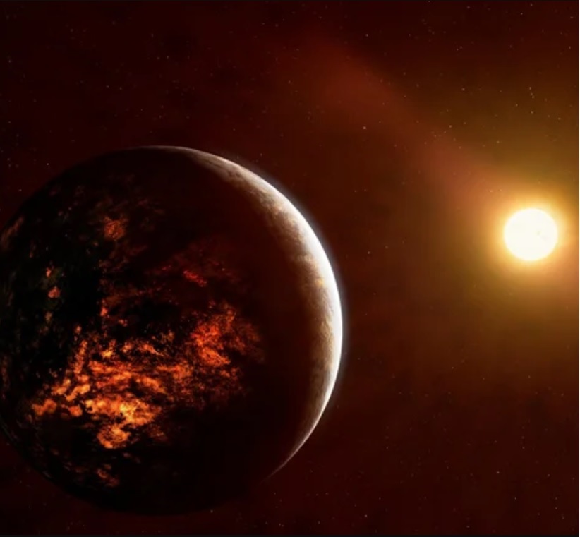 系外行星巨蟹座55 e的想象图。这是一颗极热的岩石行星，其直径几乎是地球的两倍，并即将被韦布太空望远镜仔细观测。                                          图片鸣谢: Mark Garlick/Science Photo Library/Alamy Stock Photo