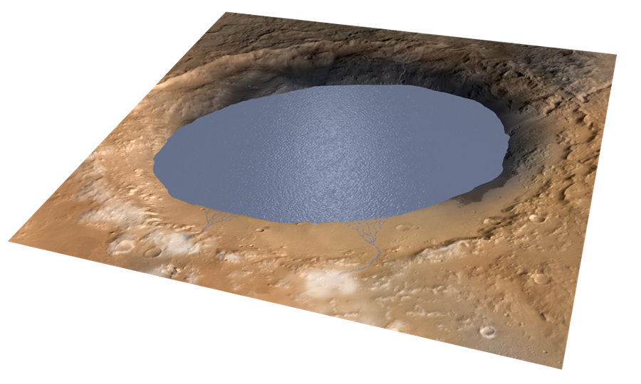Illustration depicts a lake of water partially filling Mars' Gale Crater