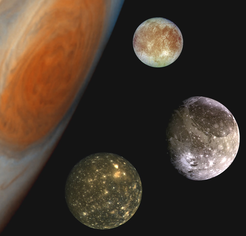 Composite image of Jupiter and three of its Galilean satellites: Europa, Ganymede, and Callisto (from top to bottom)